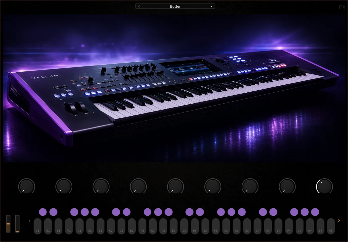 Skinned instrument screen showing a photoreal keyboard