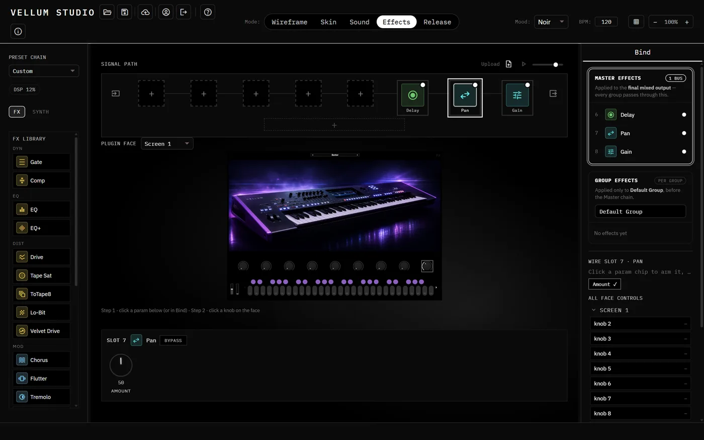 Effects signal path editor with a live plugin face preview