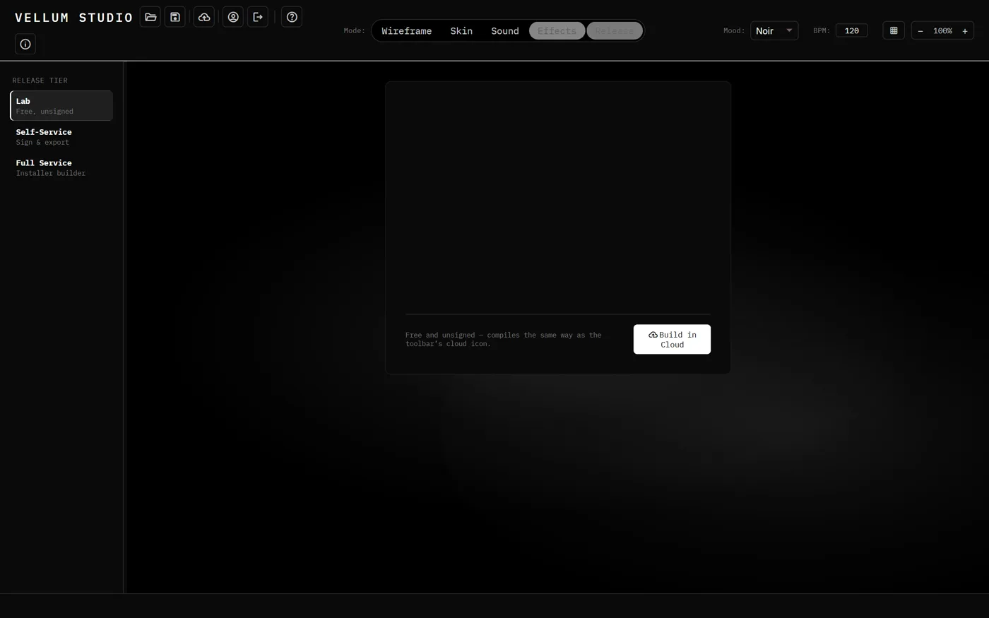 Release panel with build tiers and a build in cloud button